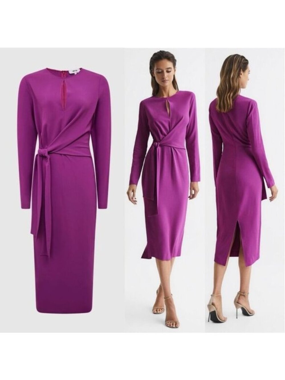 REISS Valentina Magenta Tie Waist Bodycon Midi Dress US 8 UK 12 $385 NWT